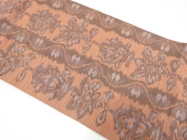 JAPANESE KIMONO / ANTIQUE NAGOYA OBI / SILK / WOVEN WAVY STRIPE & FLOWERS